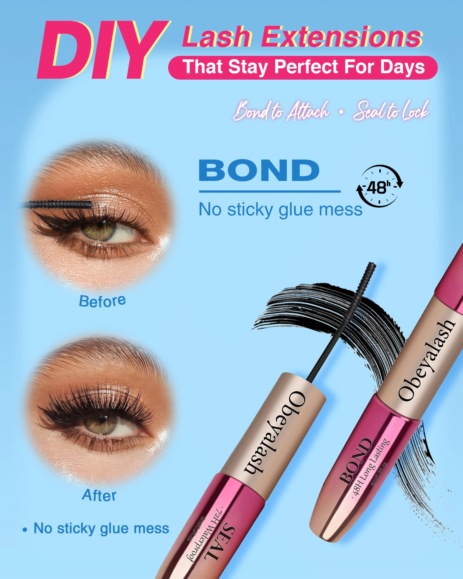 Lash Cluster Glue Strong Hold - 72H Long Lasting, Waterproof Lash Bond and Seal, Eyelash Glue for Clusters Lashes, Latex Free Fast Drying Individual Eyelash Adhesive by Obeyalash (12ml)
